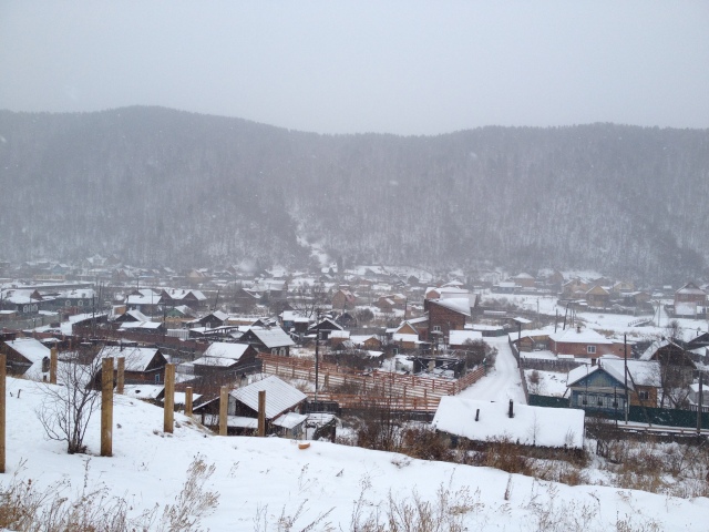 View of village in the snow