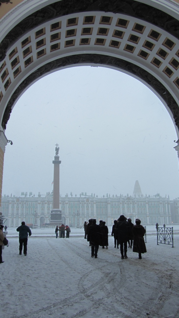 Coming into Palace Square with Alexander's column and the Winter Palace/Hermitage behind.