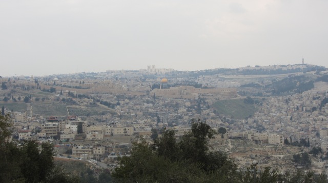 View towards Jerusalem with the golden dome of Temple Mount and the old city wall visible.  There is a huge amount of new building going on around the city.