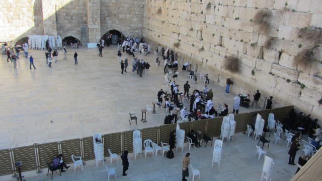 The Western wall in early morning, from the women's side.  On Shabbat it was completely full.