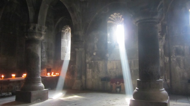 Inside stone church at Geghard Monastery